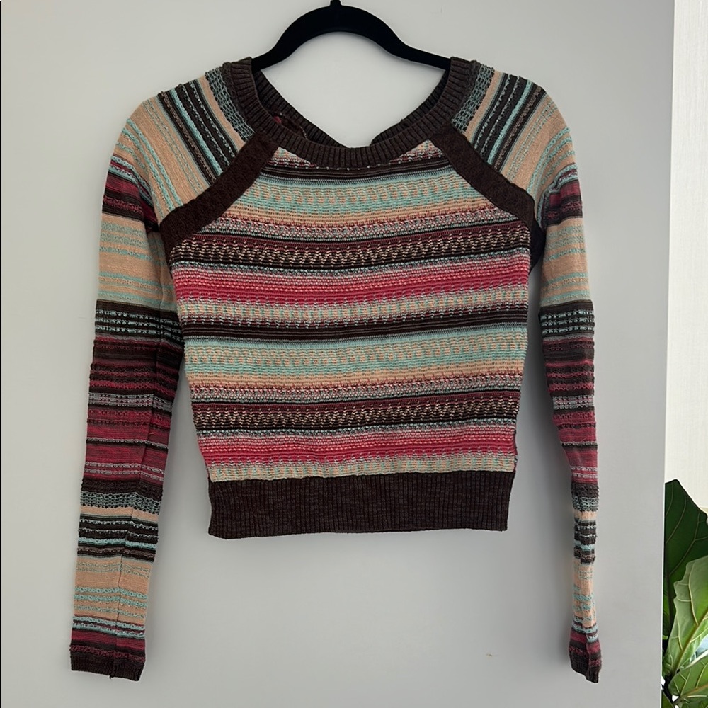 Free People Cropped, Striped Multicolor Knit Sweater